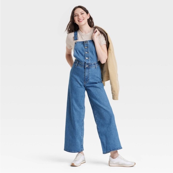 Universal Thread Sailor Cotton Denim Wide Leg Overalls Medium Wash Soft Comfy 8 - Picture 1 of 11